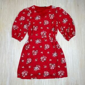 Halogen Red Floral Print Tie Waist Long Sleeve Garden Party Romantic Dress Small